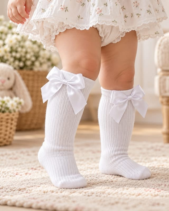 Olachika Boutique Kniekousjes met Satijnen Strik – Wit