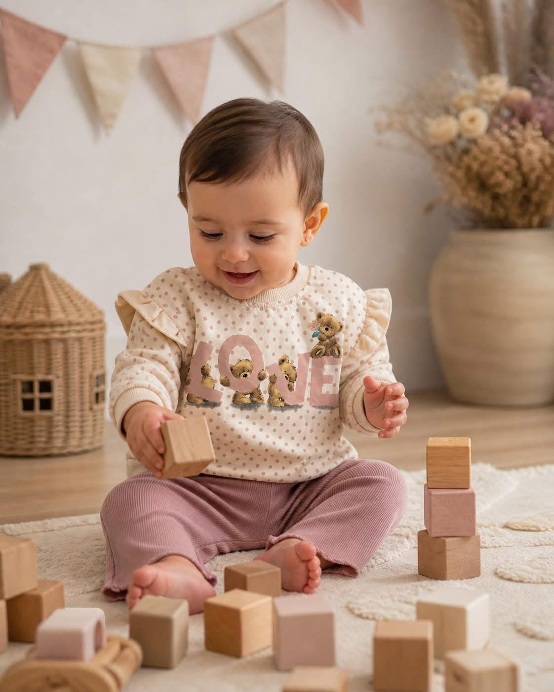 Boutique Bear Set Two-Piece Bear Print Sweater And Pink Leggings