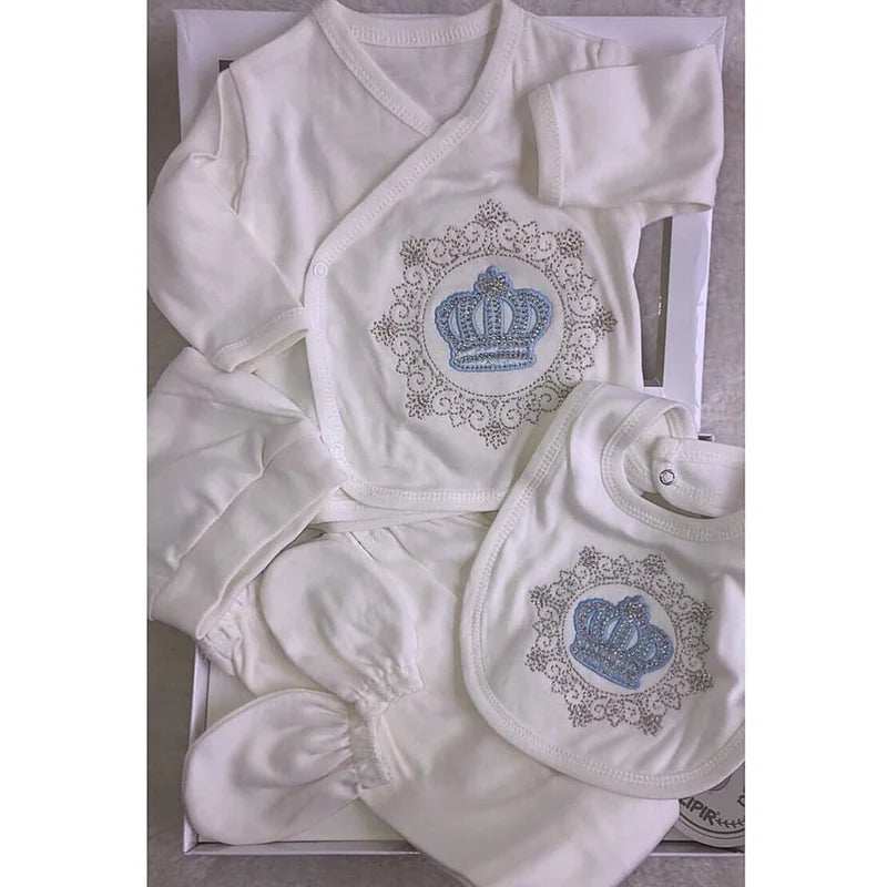 Newborn Luxury Crown Box Gift Set With Pink Or Blue Embroidered Crowns 5 Piece 100 Percent Cotton