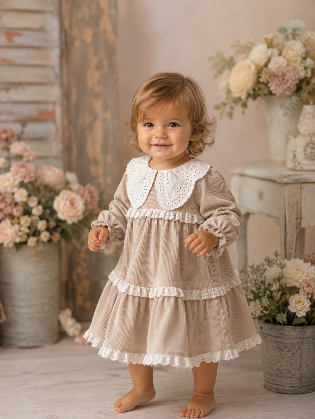 Timeless Boutique Beige Girls Dress With Embroidered Lace Collar