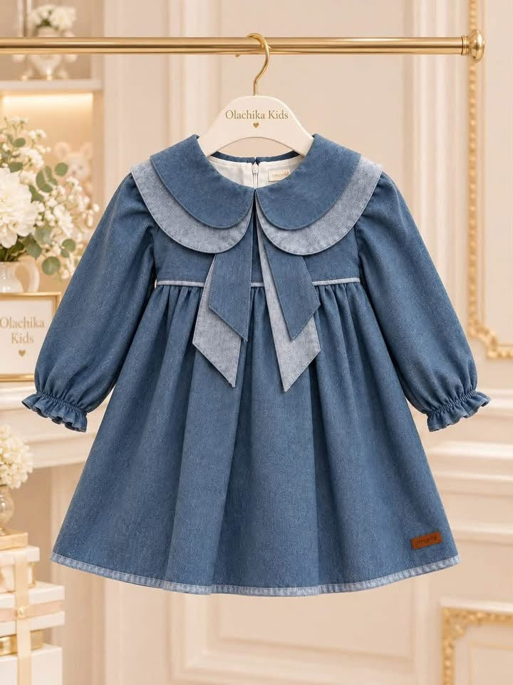 Madeleine Girls' Denim-Look Dress with Double Collar