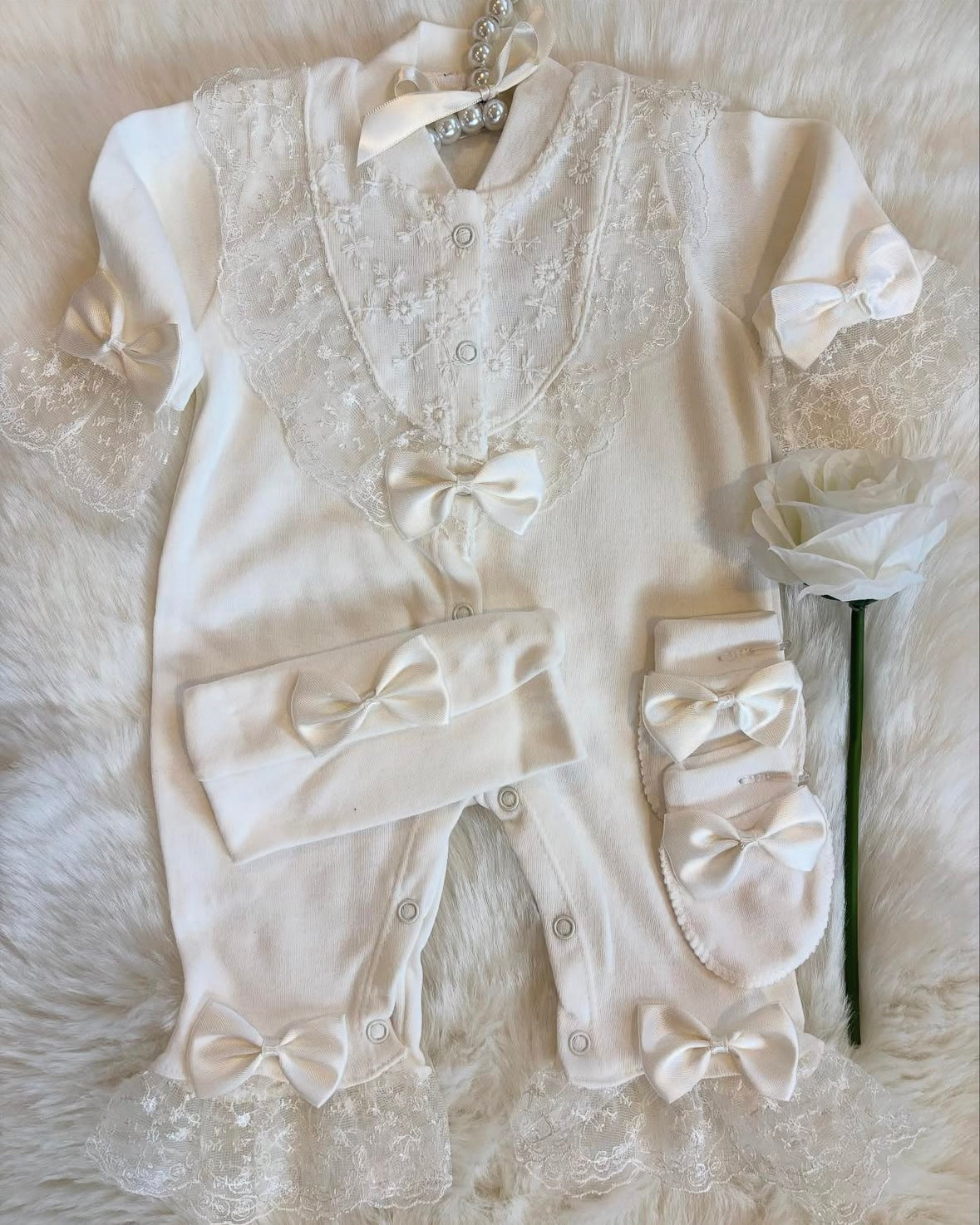 Timeless Boutique Spanish Jumpsuit Snow Baby Girl 100 Percent Cotton Lace Details