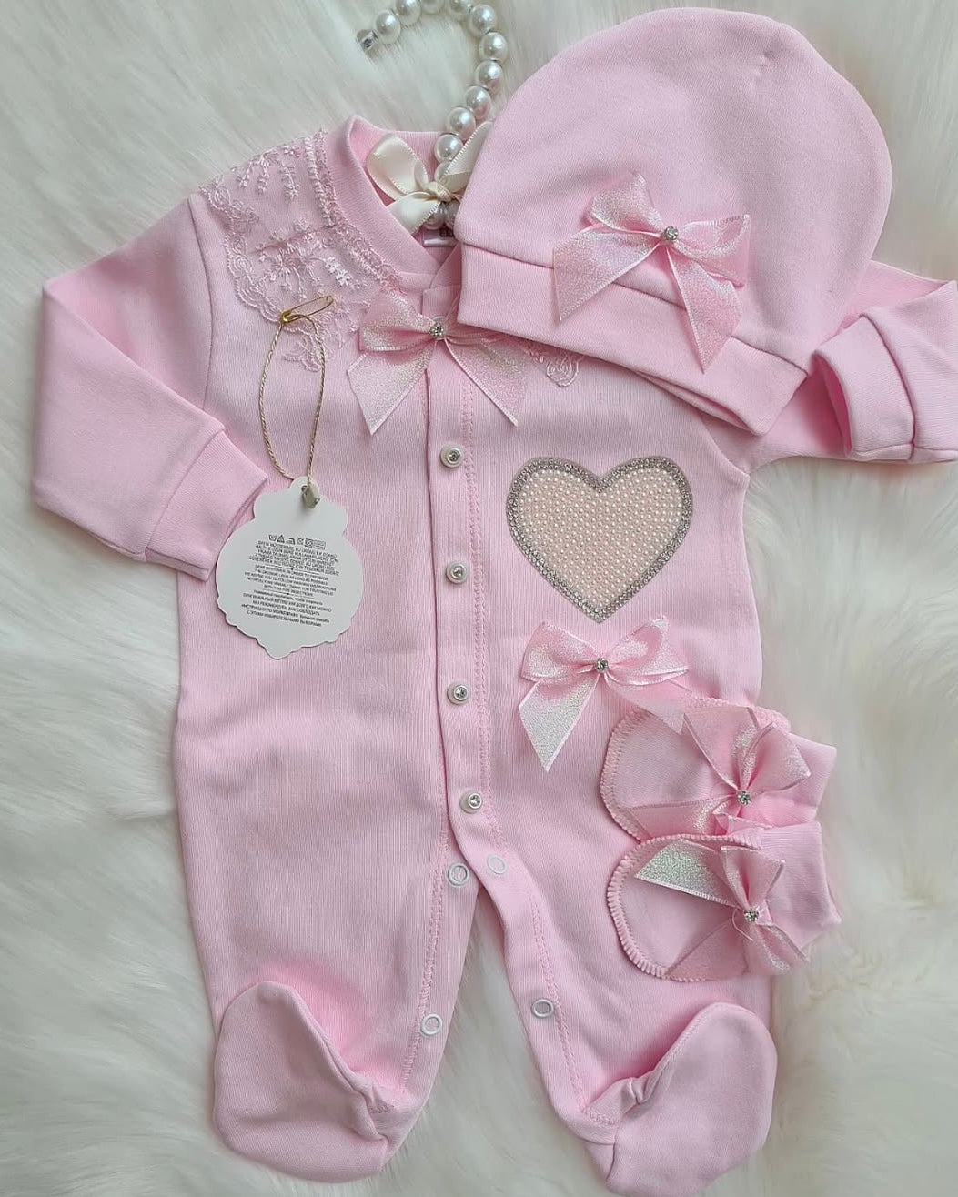 Exclusive Diamond Heart Baby Playsuit Set With Hat And Mittens In Luxuriously Soft Pink