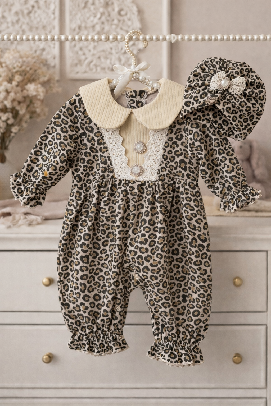 OlaChika Exclusive Leopard Jumpsuit With Pearl Buttons And Hat