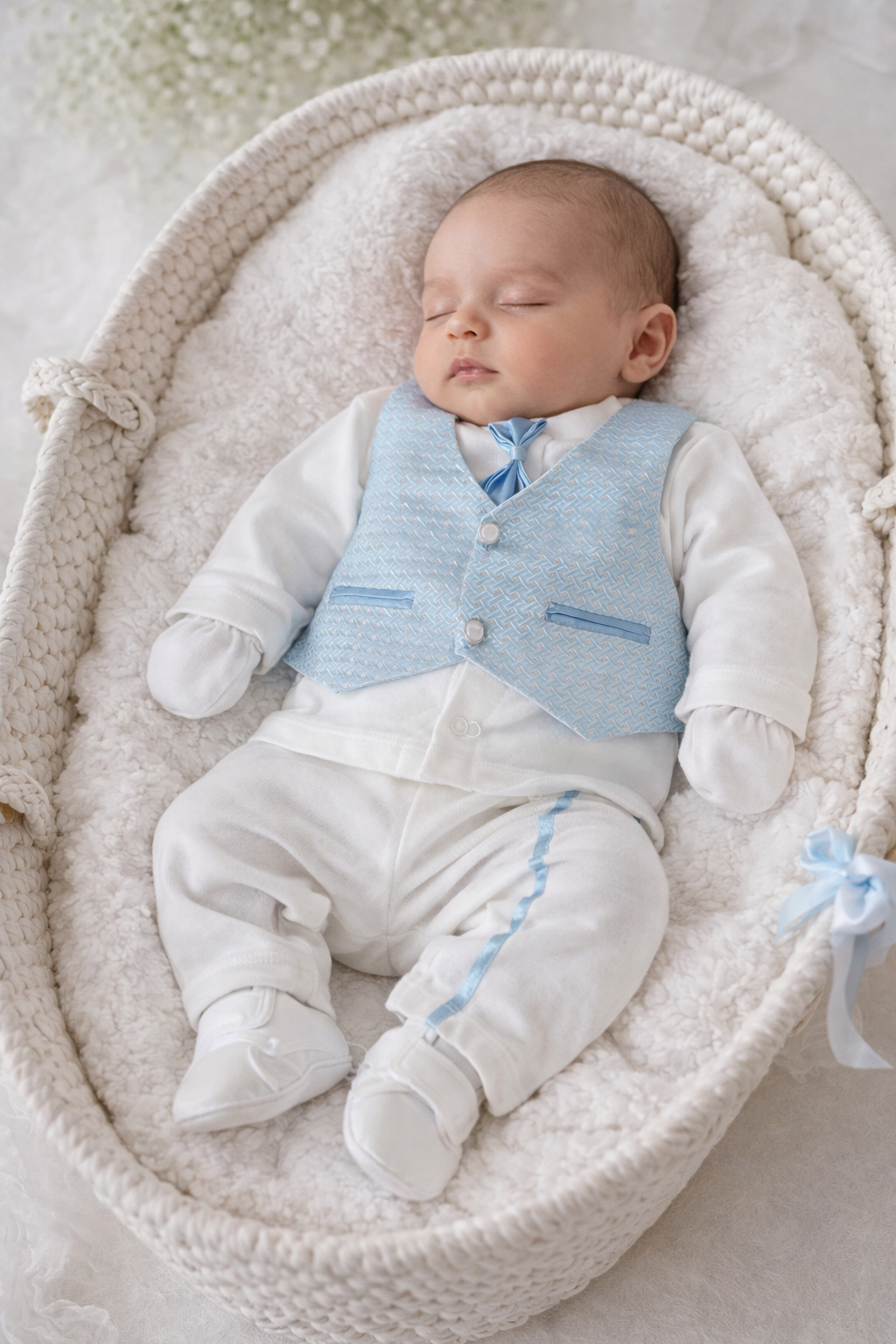 Heavenly 5-Piece Christening Set Little Gentleman Outfit White With Light Blue Accents