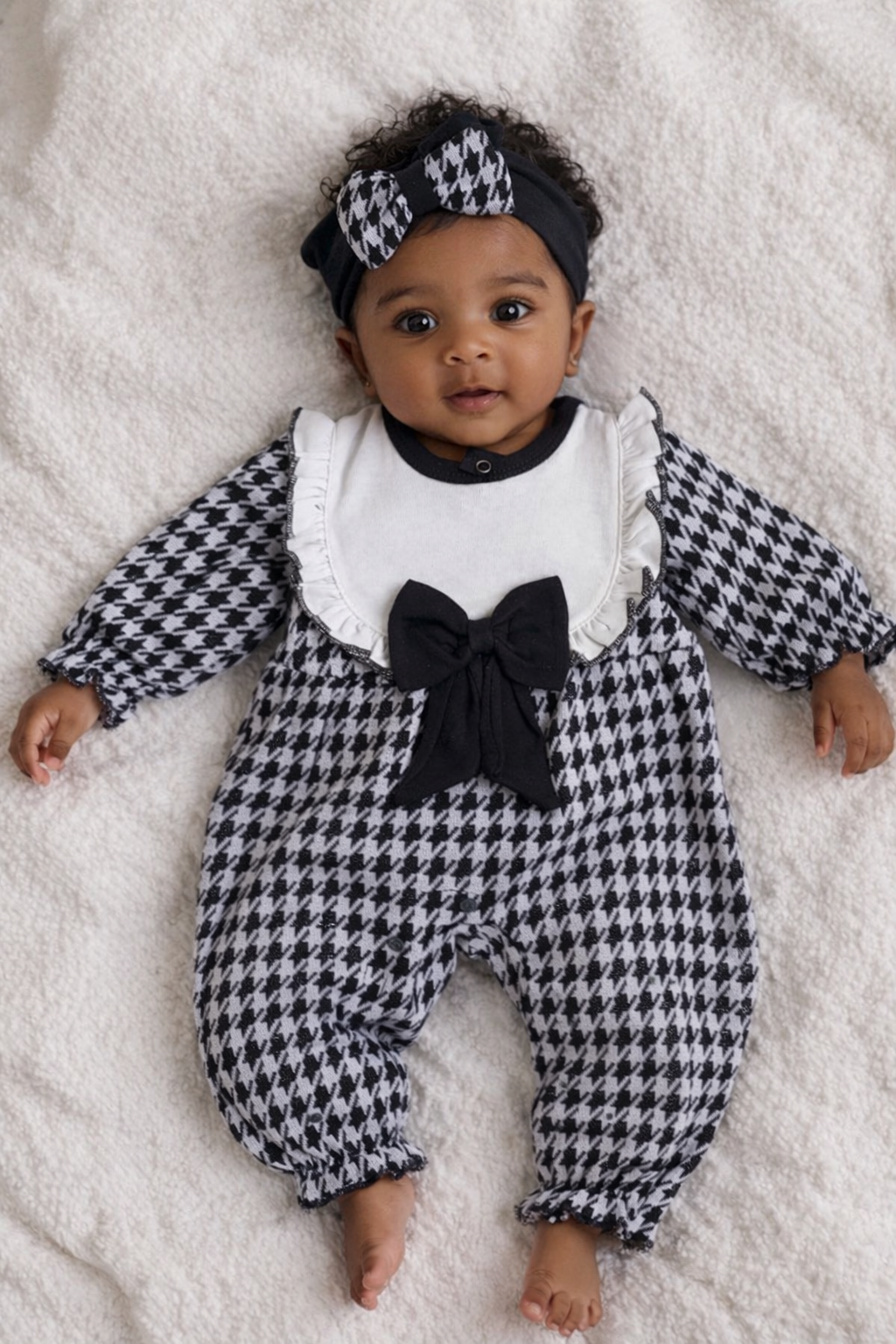 Elegant Kids Baggy Jumpsuit Cotton Black White Bow Headband