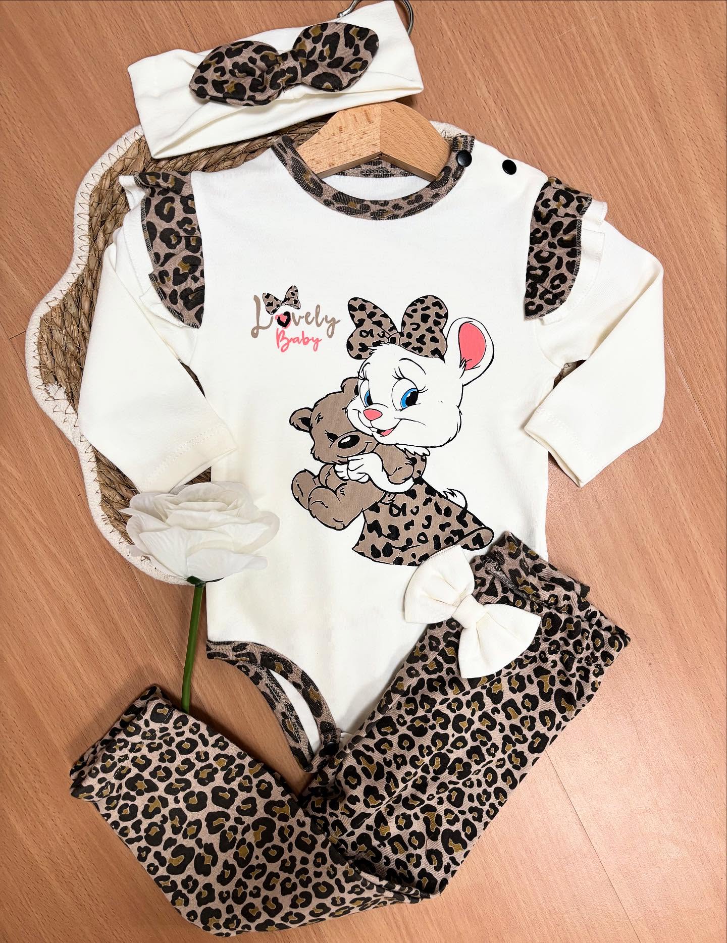 Lovely Baby Leopard 3-Piece Cotton Outfit Set With Headband 0-3M