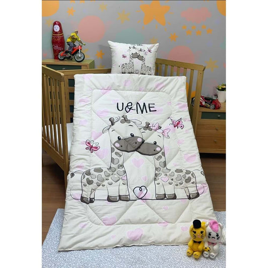 Olachika Home Giraffe Love Printed 100% Cotton Silicone Fiber Baby Quilt+Pillow