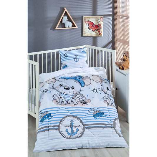 Olachika Home Sailor Bear Printed 100% Cotton Silicone Fiber Baby Quilt+Pillow