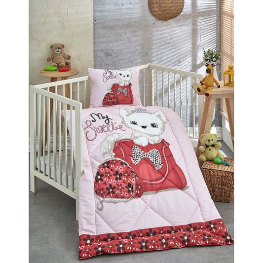 Olachika Home Tiny Cat Printed 100% Cotton Silicone Fiber Baby Quilt+Pillow