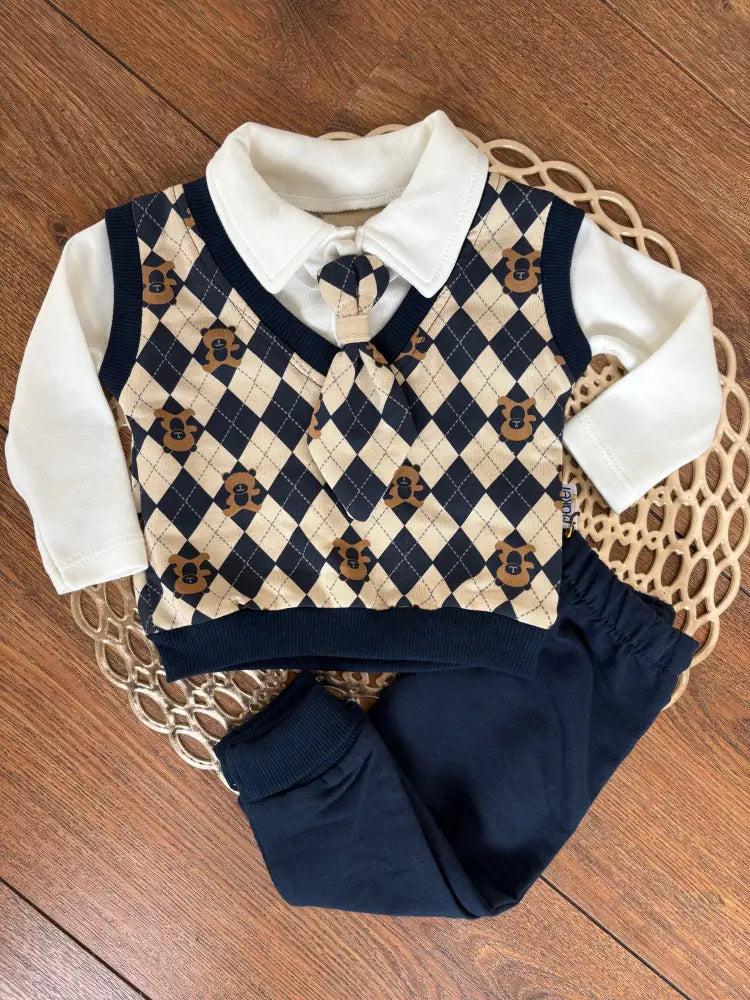 Classic Gentleman Baby Boy Party Set 100 Percent Cotton Pullover With Tie And Matching Pants - Babyset