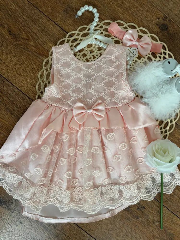 Couture Salmon Elegant Lady Dress With Side Embroidered Lace - Babydress