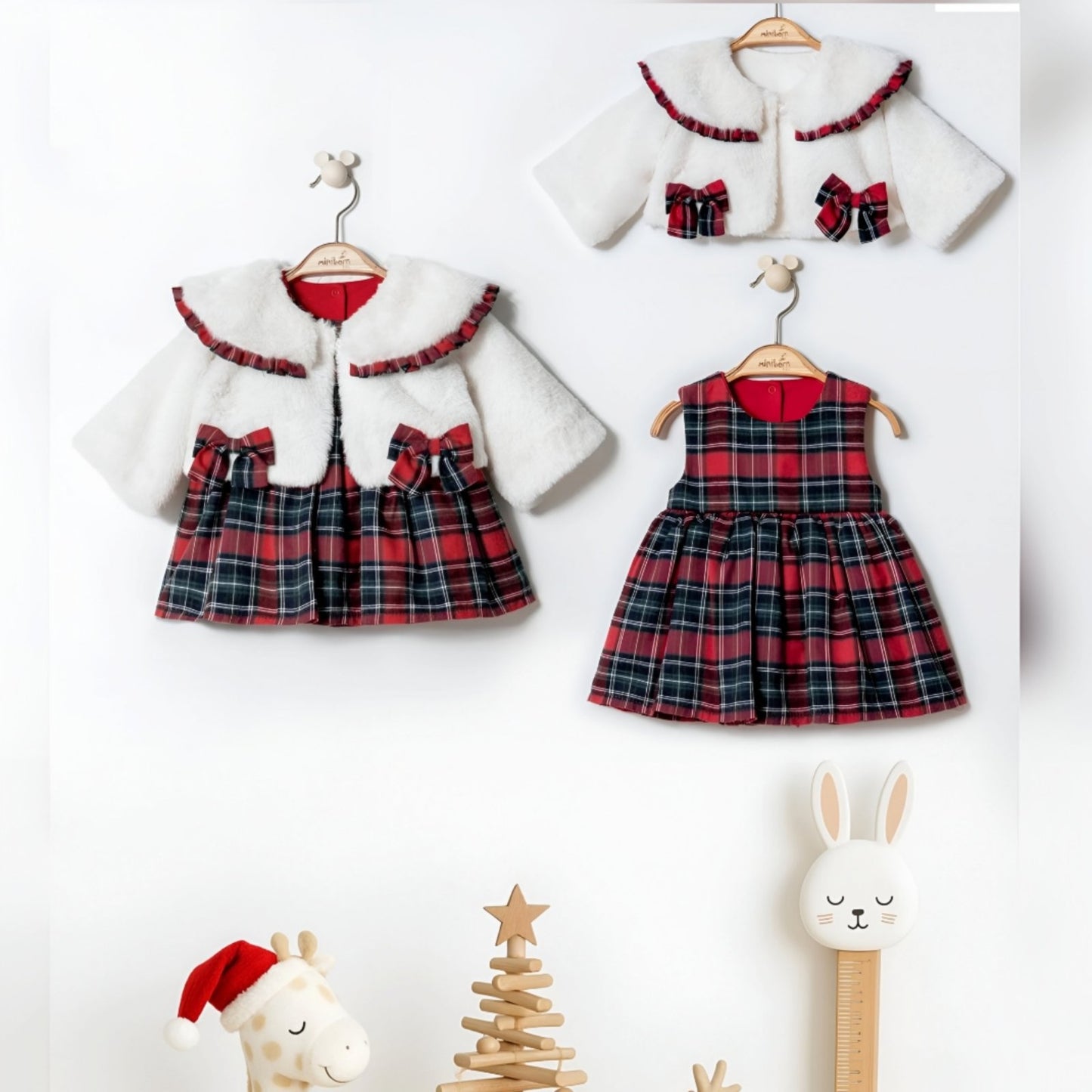Clásico Noel Set de Abrigo Lujoso con Vestido Estampado Rojo y Verde