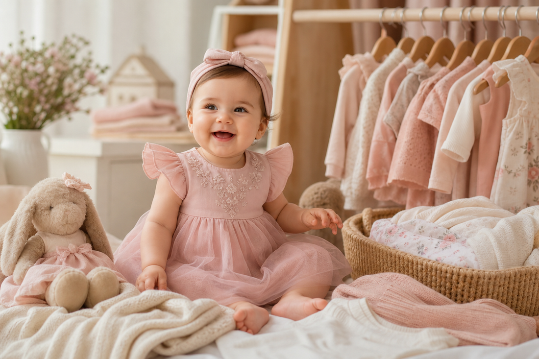 Baby meisje draagt een zachte, comfortabele katoenen outfit in lichte tinten met elegante details