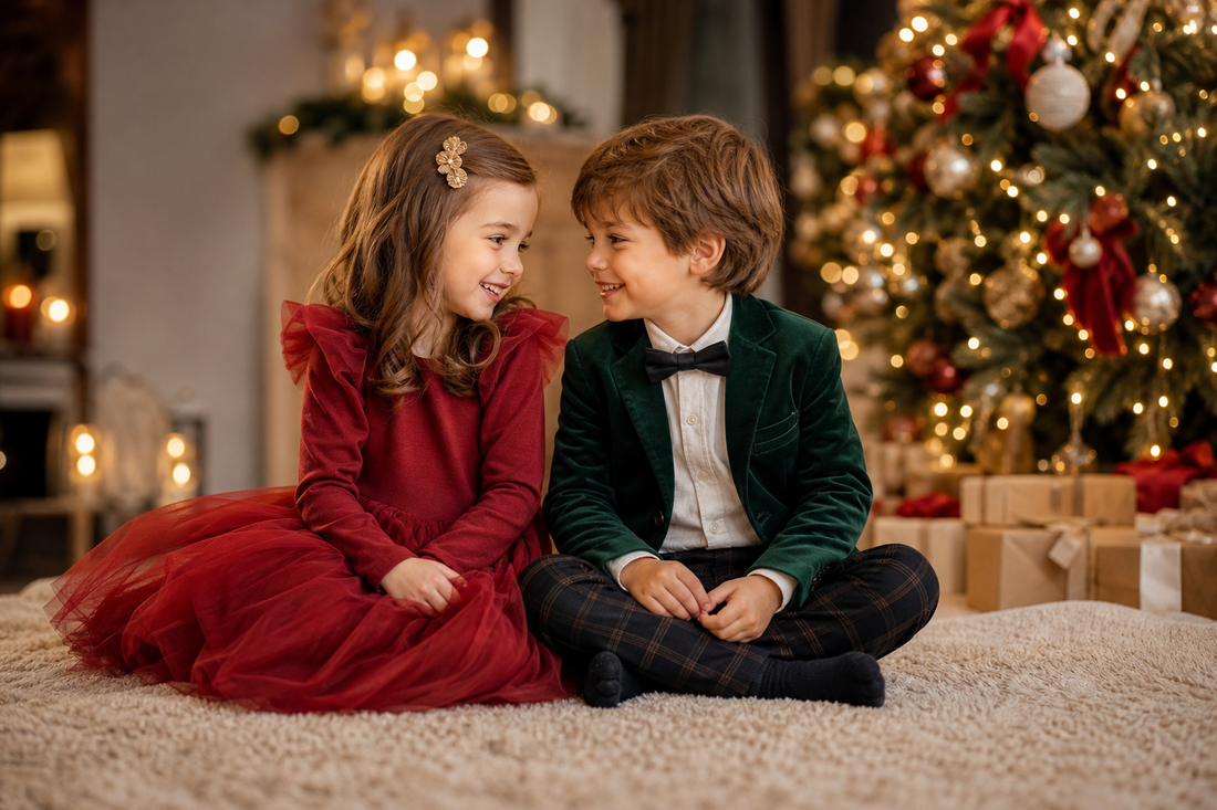 Kind draagt een feestelijke jurk met strik tijdens een winterse kerstviering