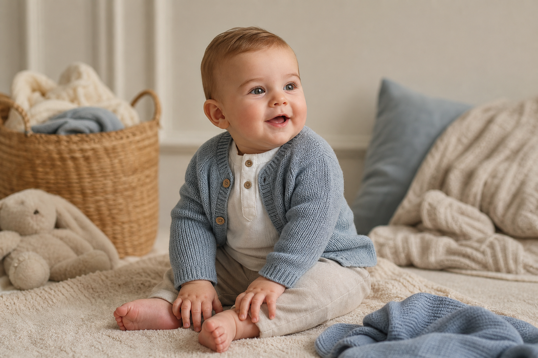 Lachende baby in comfortabele, zachte babykleding voor jongens van hoogwaardige katoen