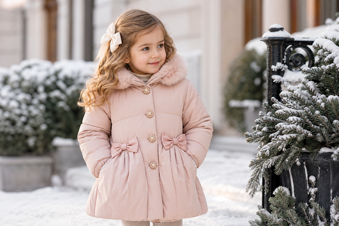 Een meisje draagt een roze, stijlvolle winterjas van Olachika met verfijnde knopen en een strikje