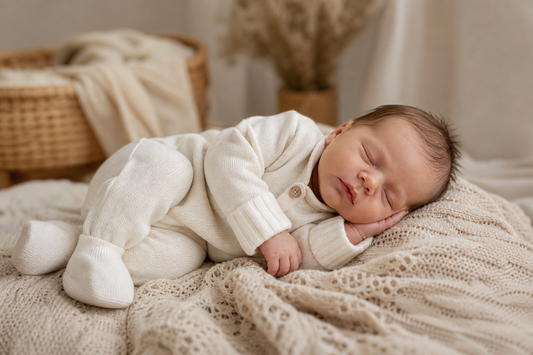 A peaceful newborn baby wearing soft cotton clothing sleeping comfortably on a plush, neutral-colored blanket