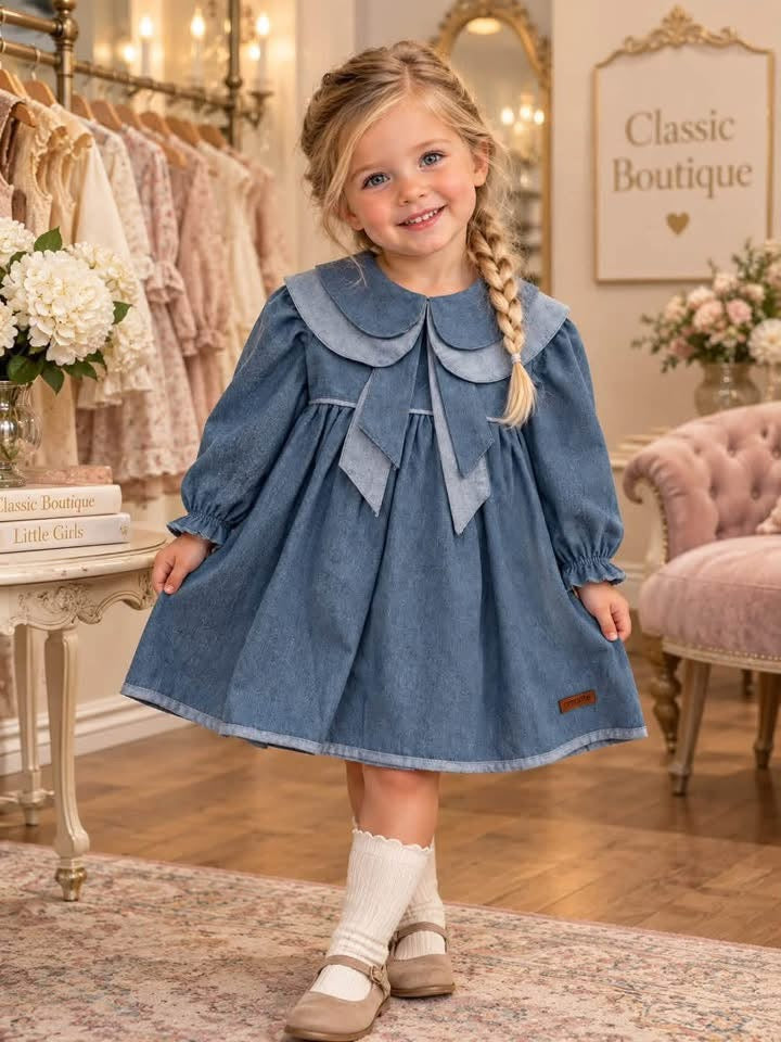 Madeleine Girls' Denim-Look Dress with Double Collar