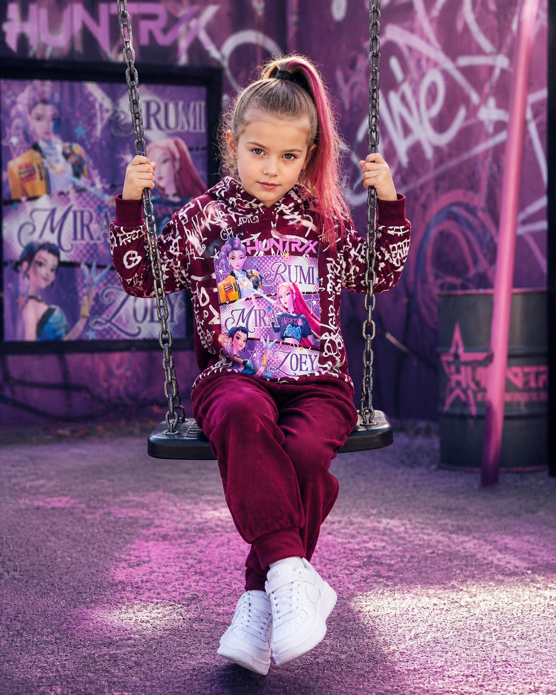 Huntrix Demonhunters Velvet Kids Hoodie Set In Burgundy