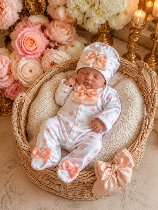 Conjunto Exclusivo de Pelele con Gorro y Manoplas para Bebé Crown Jewel Salmón