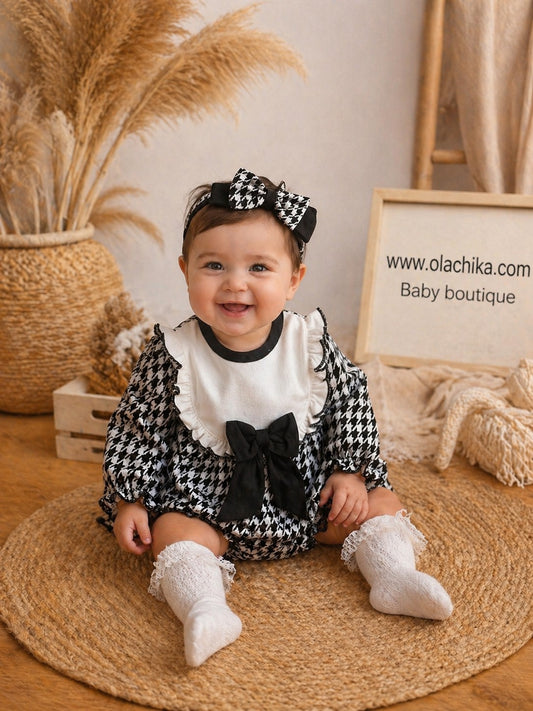 Conjunto Mini Couture de Lazo Blanco y Negro Boutique Con Diadema Elegante Conjunto para Bebé