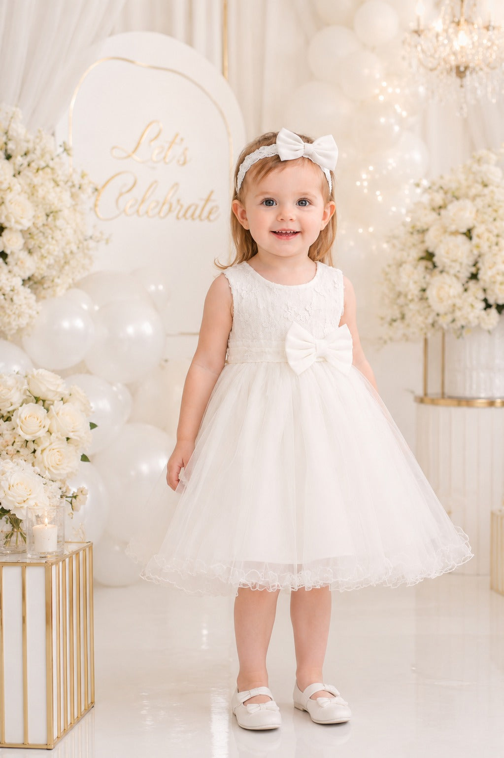 Luxe Couture Elegant White Baby Dress With Tulle Layers