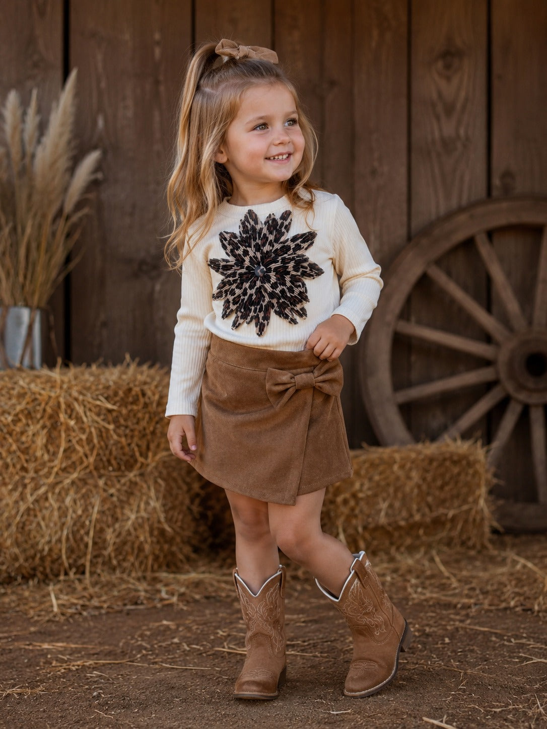 Wildflower Western Set Floral Rib Knit Top And Suede Look Skirt