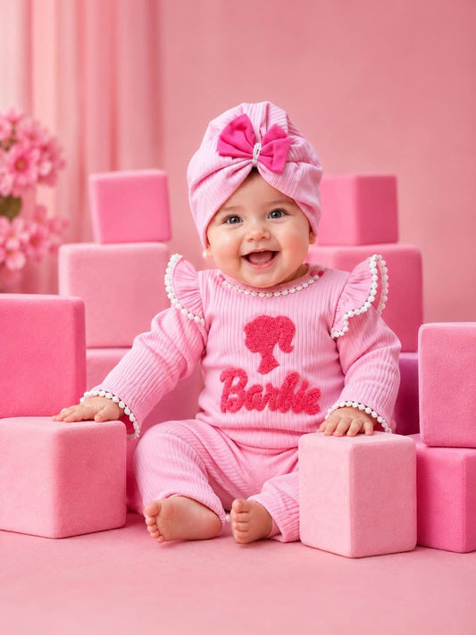 Conjunto de algodón de 3 piezas de Little Barbie para niña en rosa suave