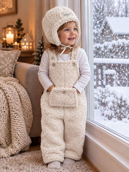 Fluffy Organic Cotton Dungarees & Matching Winter Hat