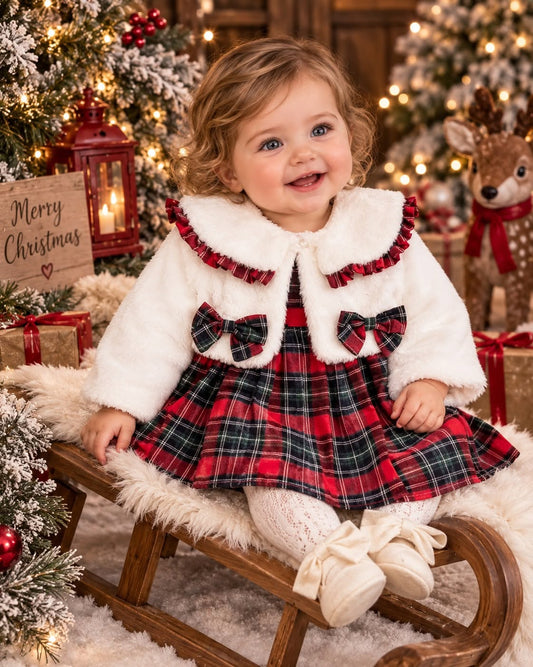 Clásico Noel Set de Abrigo Lujoso con Vestido Estampado Rojo y Verde