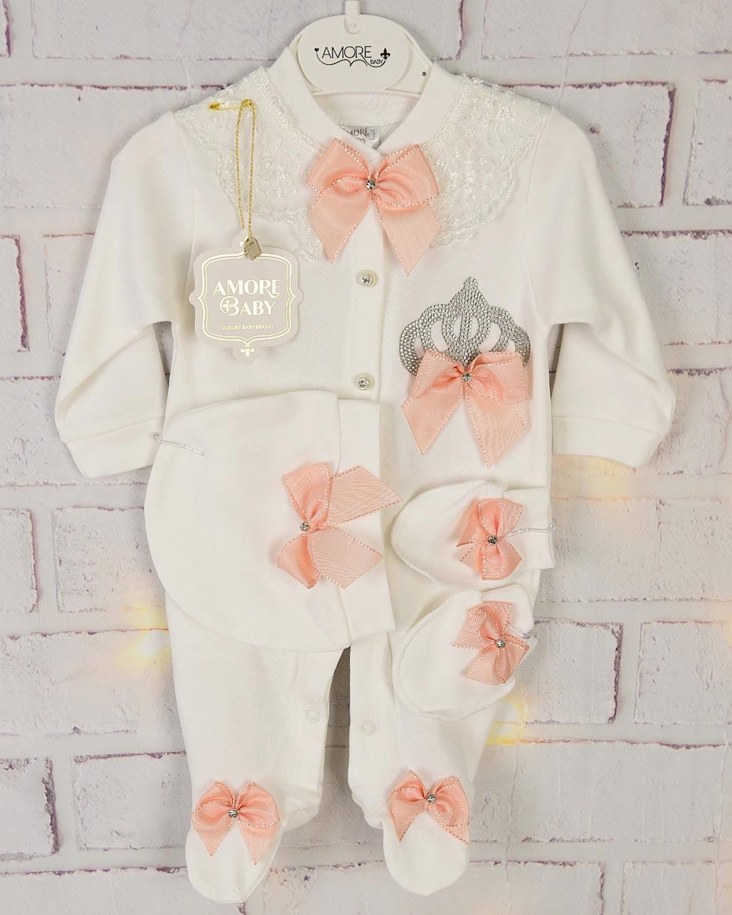 Exclusive Baby Couture Salmon Bow Playsuit With Diamond Crown Hat Mittens Boutique Set