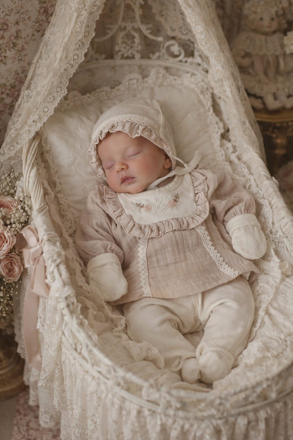 Pure Vintage Newborn Set Five Piece Boutique Ensemble With Delicate Floral Embroidery Soft Cotton