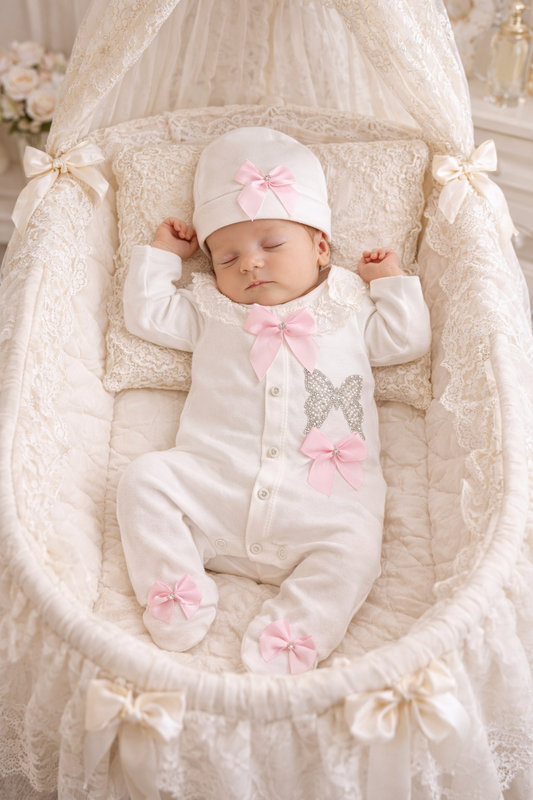 Exclusieve Diamant Vlinder Babyset Biokatoen Met Roze Strikjes