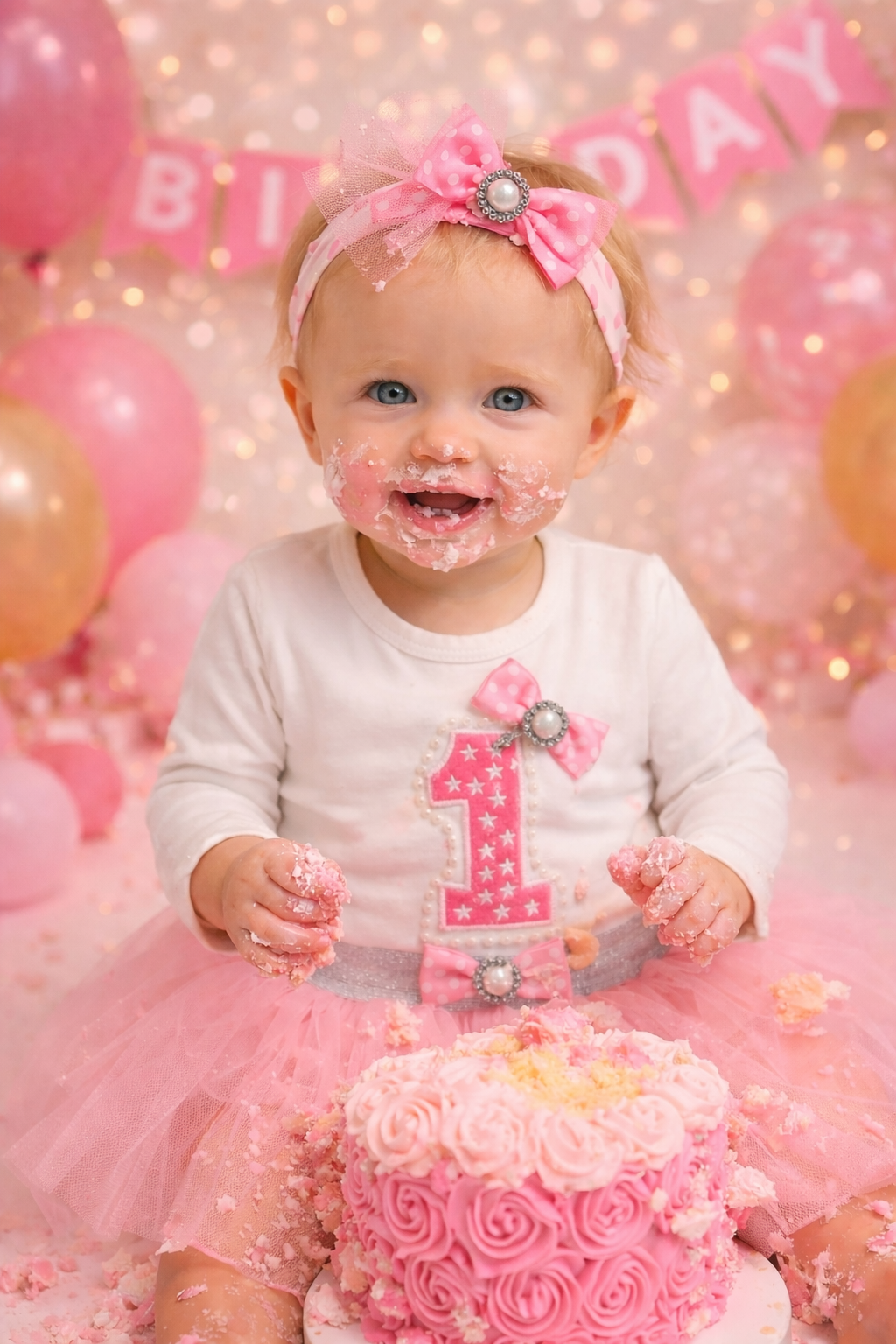 Baby girl in 1st Birthday Tutu Set: long-sleeve romper, 3-D pearl- and flower-embellished 1, pink tulle tutu.