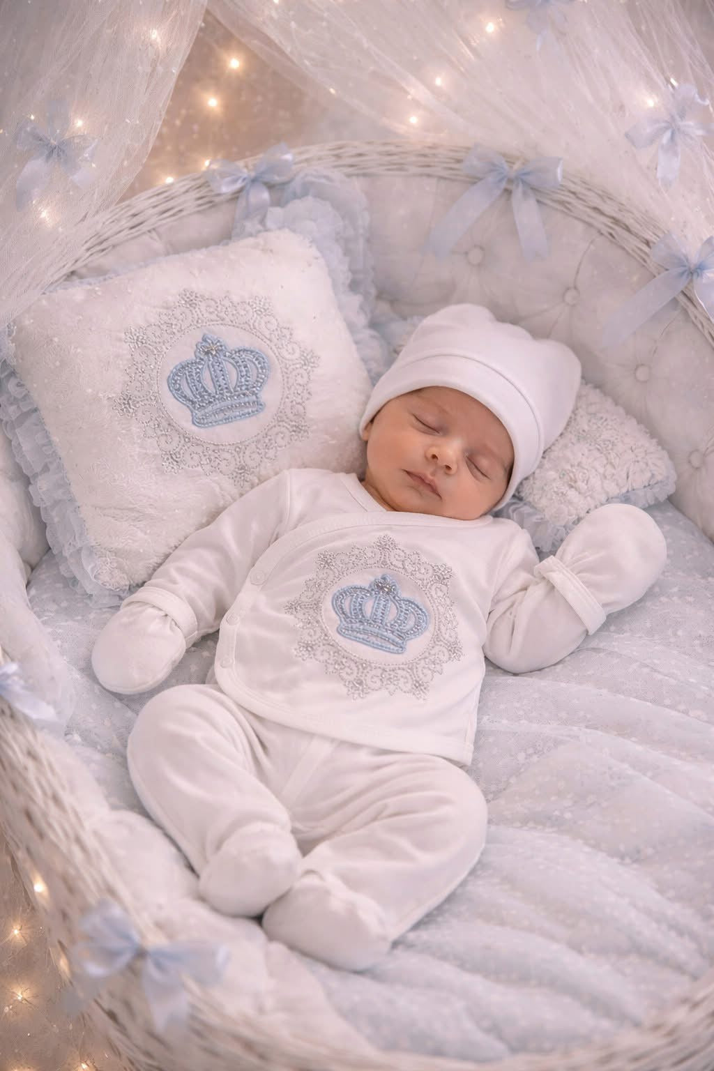 Newborn Luxury Crown Box Gift Set With Pink Or Blue Embroidered Crowns 5 Piece 100 Percent Cotton