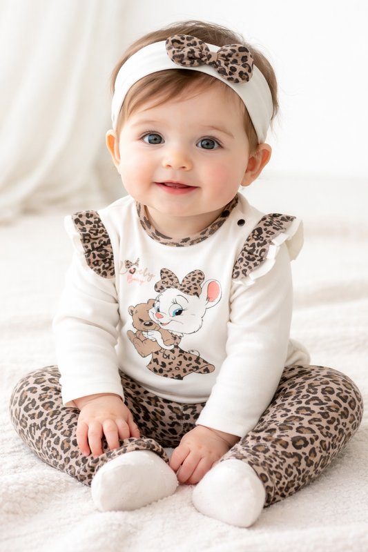 Precioso conjunto de 3 piezas de algodón con estampado de leopardo para bebé con diadema, de 0 a 3 meses