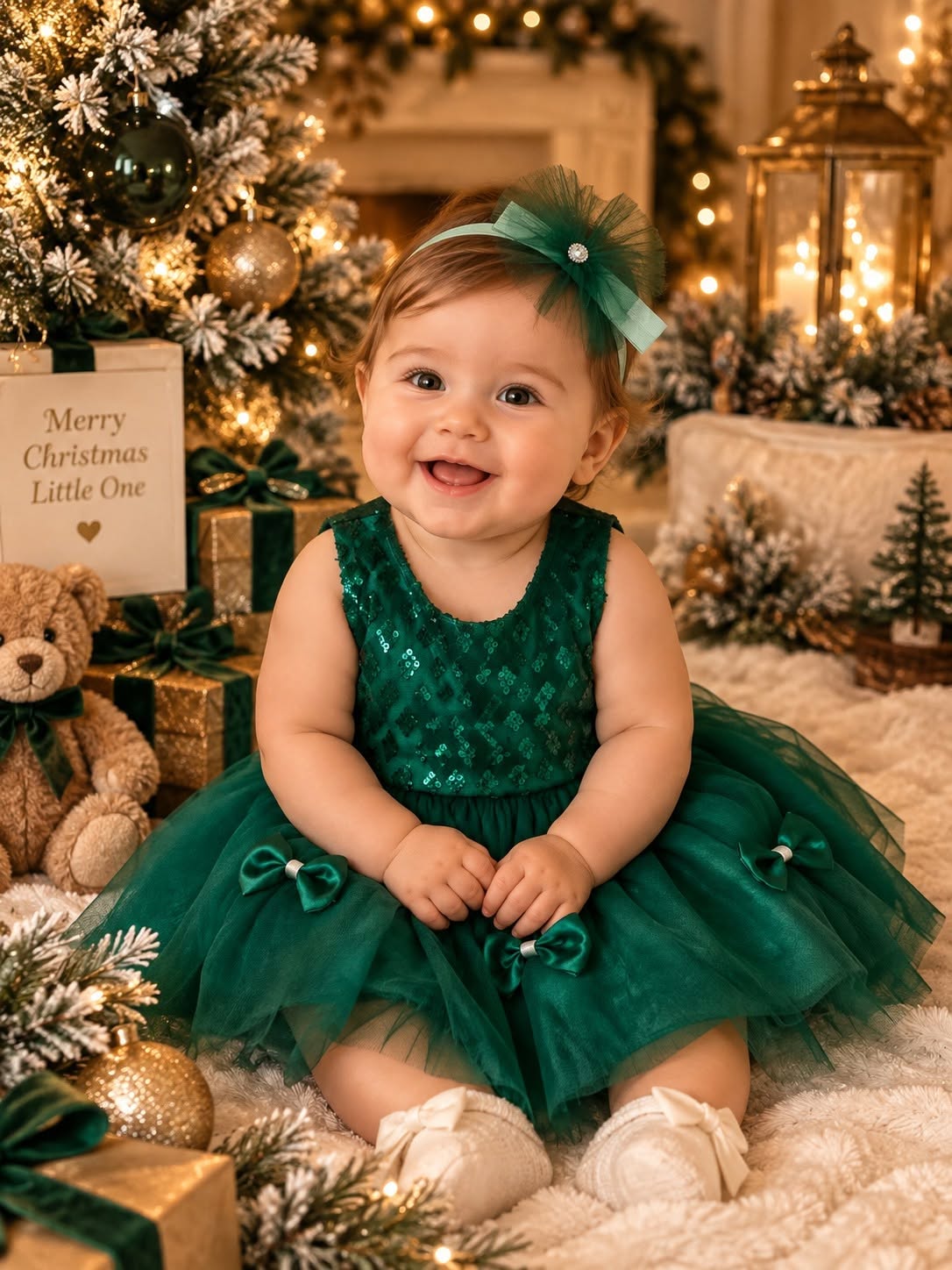 Vestido de bebé princesa con purpurina verde TwinkleToes con diadema