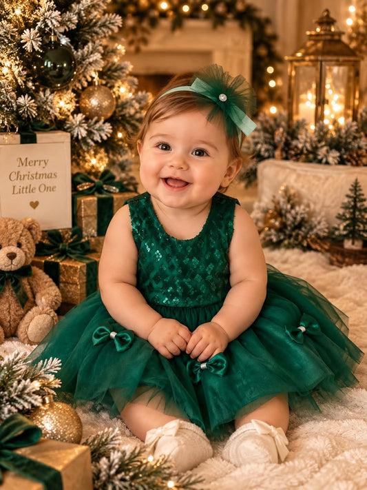 Vestido de bebé princesa con purpurina verde TwinkleToes con diadema