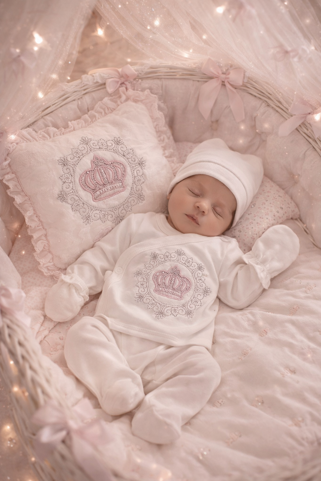 Newborn Luxury Crown Box Gift Set With Pink Or Blue Embroidered Crowns 5 Piece 100 Percent Cotton