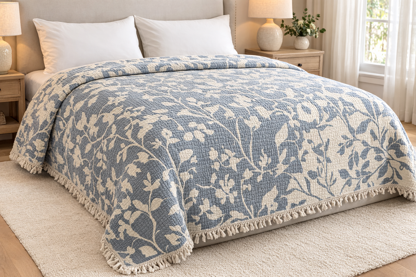 Olachika Blue Botanical Bedspread – 230 × 250 cm
