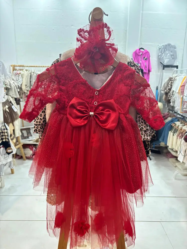 Attelier Red Roze Dress With Embroidered 3D Roses - Babydress