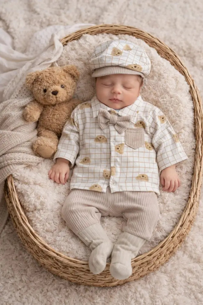 Babyboy Newborn Bear Set Complete Outfit With Beige Bow Tie Cap - 0-3 months - Babyset