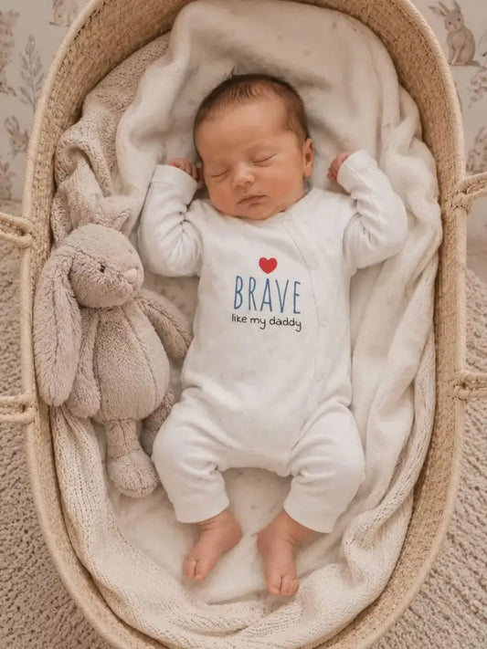 Newborn baby wearing white "Brave Like My Daddy" bodysuit, sleeping in a moses basket with a plush bunny