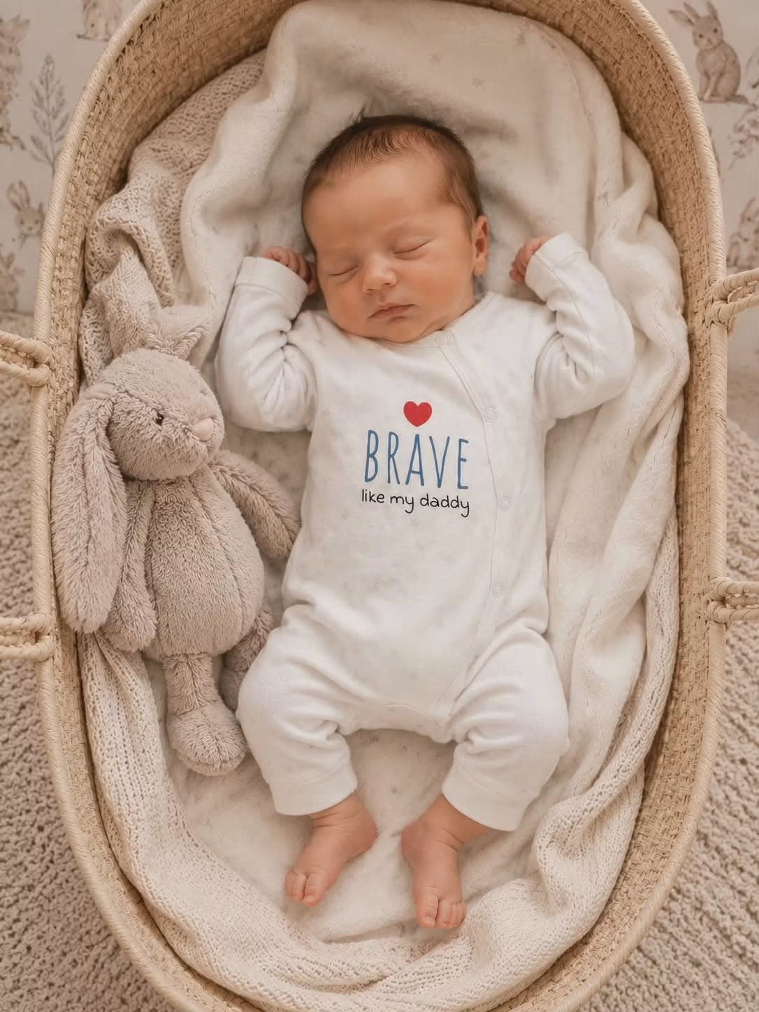 Newborn baby wearing white "Brave Like My Daddy" bodysuit, sleeping in a moses basket with a plush bunny