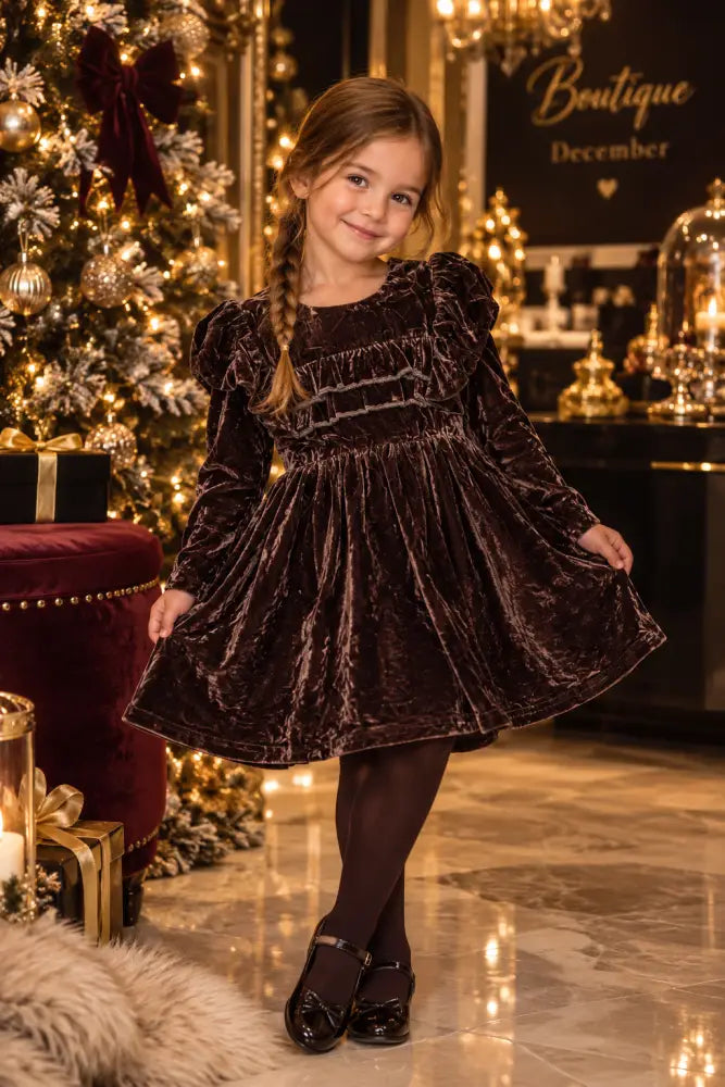 Chocoate Brown Velvet Dress - 92/98 - Girls Dress