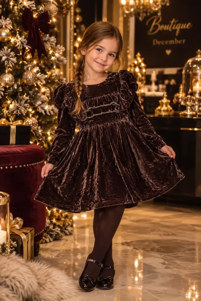 Olachika Chocolate Brown Velvet Dress - Girls Dress