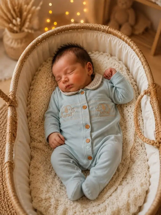 Classic Elephant cotton baby romper in white with waffle collar, wooden buttons and embroidered elephants