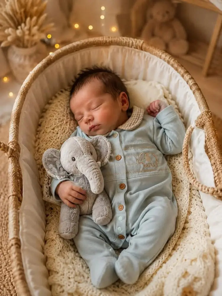 Close-up of the embroidered elephants and waffle collar on the Classic Elephant baby romper