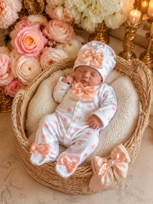 Crown Jewel Exclusive Baby Playsuit Set With Hat And Mittens Salmon - 50/56 - Baby Boxpakje